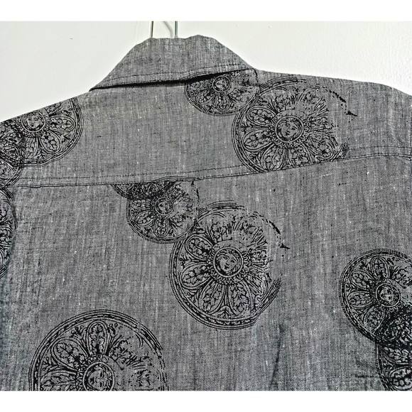 CHICOS Design Gray Black Medallions Snap Front LINEN Long Sleeves Medium Size 1 - Picture 13 of 16